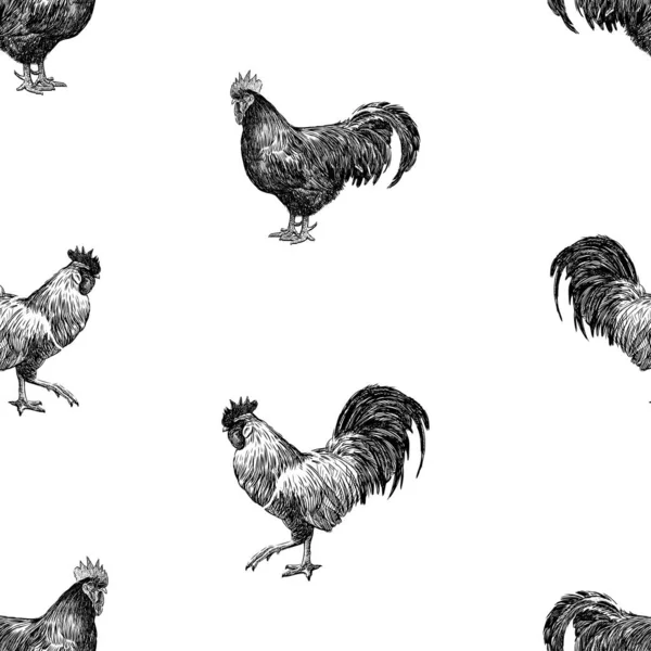 Seamless Background Sketches Black White Farm Roosters — Stock Vector