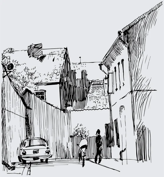 Vector Contour Drawing Cityscape Old Street Houses Car Pedestrians — Stock Vector