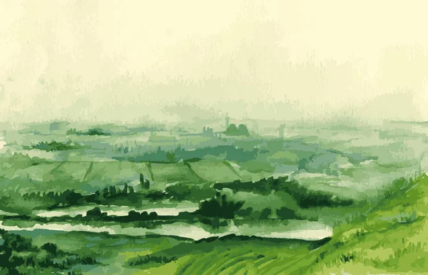 Dessin Vectoriel Aquarelle Paysage Rural Avec Des Champs Agricoles Verts — Image vectorielle