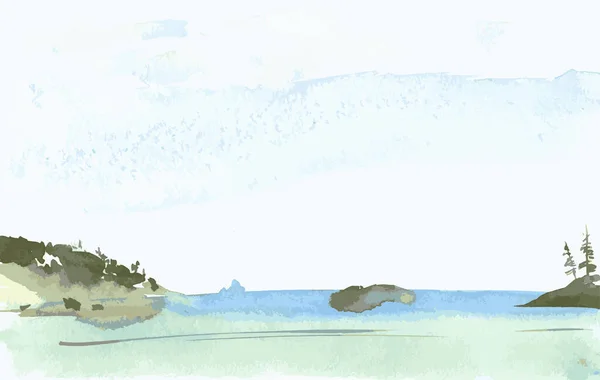 Dessin Vectoriel Aquarelle Paysage Bord Lac Dans Matinée Brumeuse — Image vectorielle