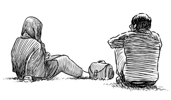 手绘一对坐在公园草坪上聊天的年轻人 — 图库矢量图片