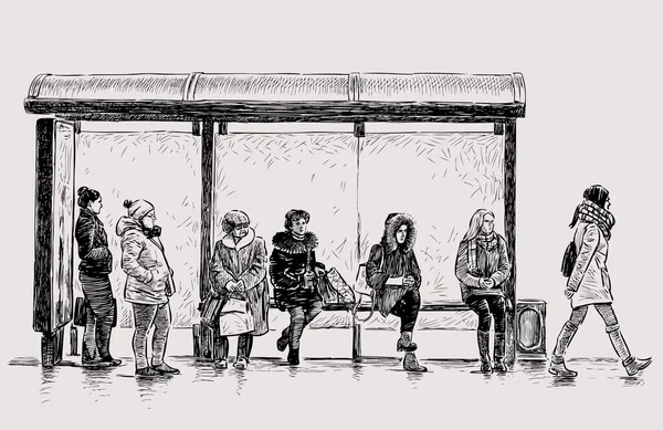 Desenho Mão Várias Mulheres Cidade Casual Espera Parada Ônibus — Vetor de Stock