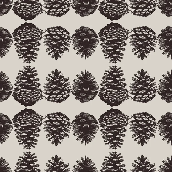 列に描かれた茶色の松のコーンからシームレスなパターン — ストックベクタ