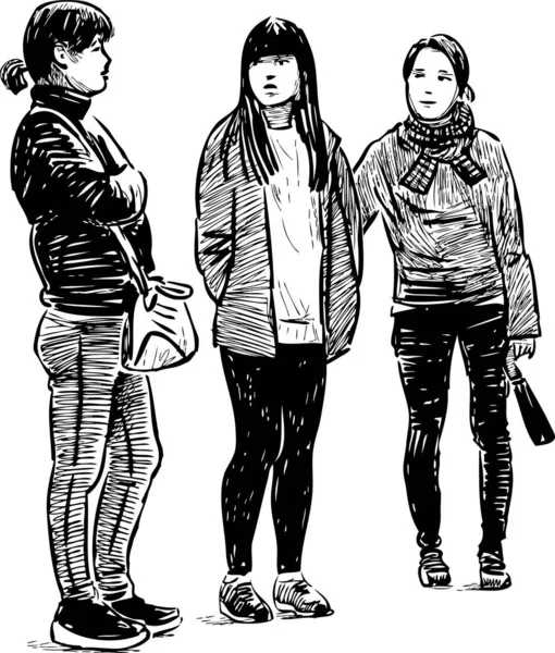 Bosquejo Tres Estudiantes Modernas Chicas Pie Aire Libre Hablando — Vector de stock