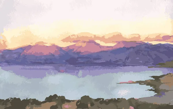 Vetor Aquarela Desenho Paisagem Beira Lago Montanha Pôr Sol — Vetor de Stock