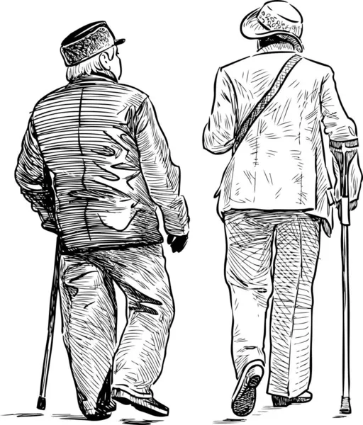 Açık Havada Yürüyen Bastonlarıyla Dolaşan Yaşlı Çiftlerin Ana Hatlarını Çiz Telifsiz Stok Vektörler
