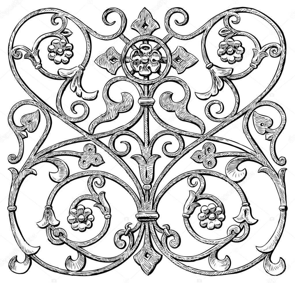 Hand drawing of decorative architectural detail of vintage fence in art nouveau style