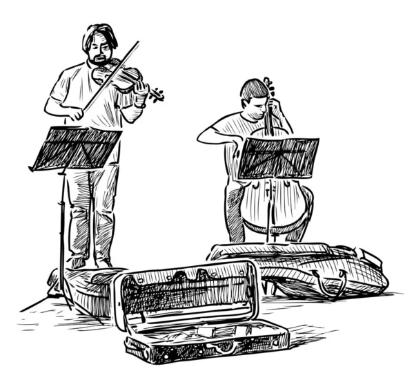 Esboço Músicos Dueto Tocando Violino Violoncelo Rua Cidade — Vetor de Stock