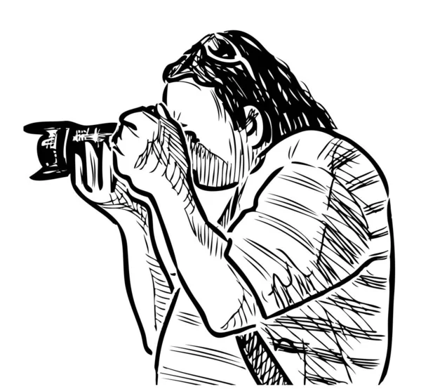 晴れた日に屋外のカメラで写真を撮る人のスケッチ — ストックベクタ