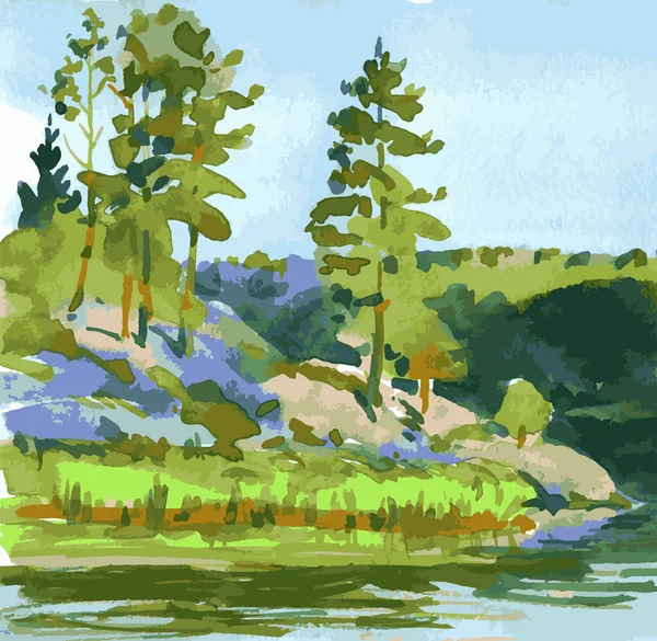 阳光明媚的河畔绿树夏景水彩画 — 图库矢量图片