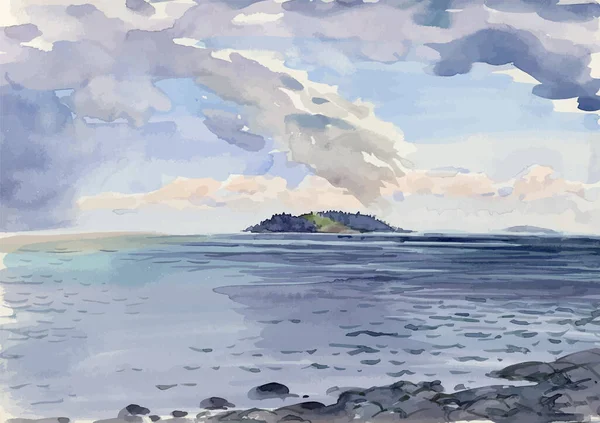 Deniz Manzarasının Suluboya Vektör Çizimi Bulutlu Bir Günde Ufukta Ada — Stok Vektör
