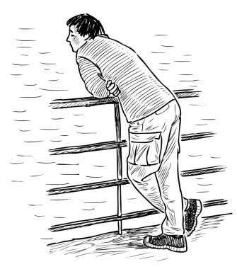 Düşünce içinde nehir kenarında duran genç adamın çizimi.