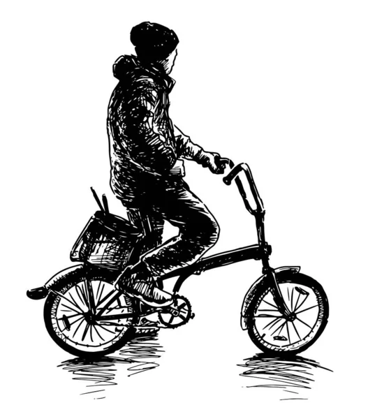 仕事のために自転車に乗ってペイントのバケツとカジュアルな男の手描き — ストックベクタ