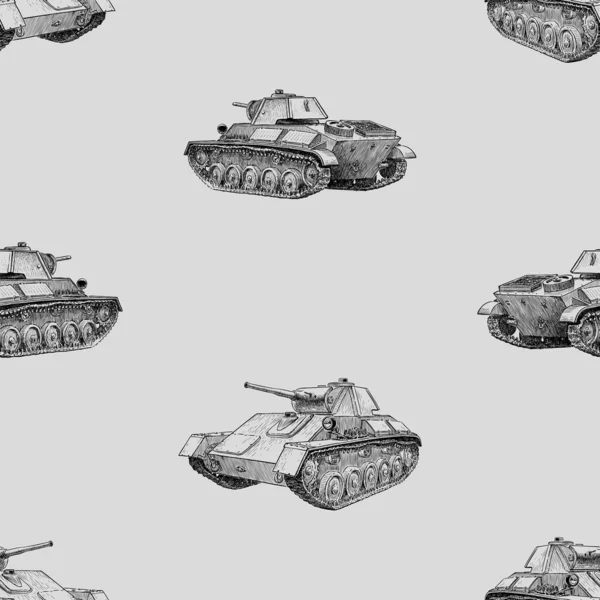 第二次世界大战老式作战坦克草图的无缝隙背景 — 图库矢量图片