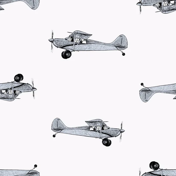 飛行中のレトロな飛行機のスケッチのシームレスなパターン — ストックベクタ
