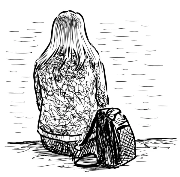 Σκίτσο Της Νεαρής Γυναίκας Σακίδιο Κάθεται Στο Ανάχωμα Του Ποταμού — Διανυσματικό Αρχείο