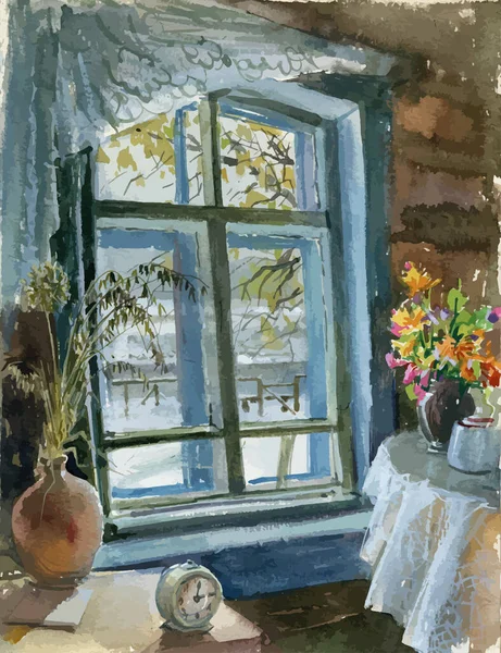 Akvarell Rajz Retro Belső Vidéki Ház Csokrok Virágok Asztalon Ébresztőóra — Stock Vector
