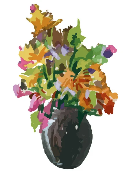 白を基調とした陶器の花瓶に抽象的なカラフルな野花の花束の水彩画 — ストックベクタ