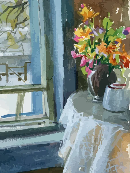 瓷瓶中五彩缤纷的野花的水彩画 靠窗放在桌子上 外面是冬季风景 — 图库矢量图片