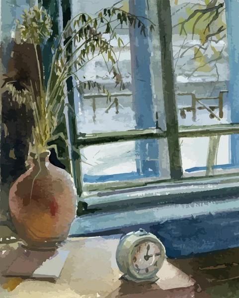 陶器の花瓶やテーブルの上の古い目覚まし時計で花束乾燥した野花の水彩画は外の冬の風景と窓の外に — ストックベクタ