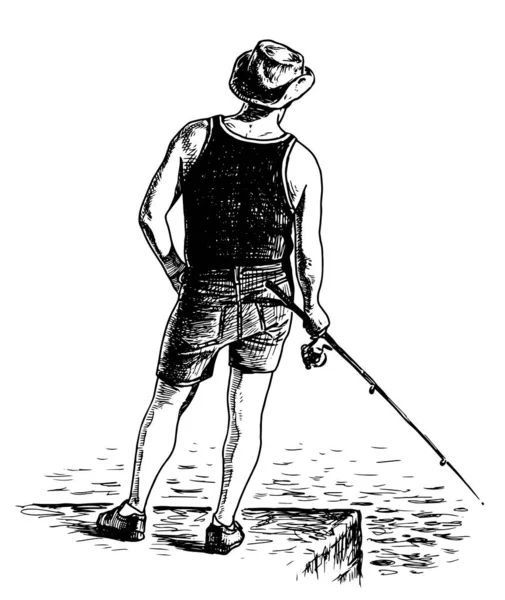 Disegno Mano Pescatore Cappello Pantaloncini Con Canna Pesca Piedi Solo Illustrazione Stock