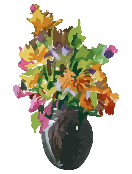 白を基調とした陶器の花瓶に抽象的なカラフルな野花の花束の水彩画 ストックイラスト