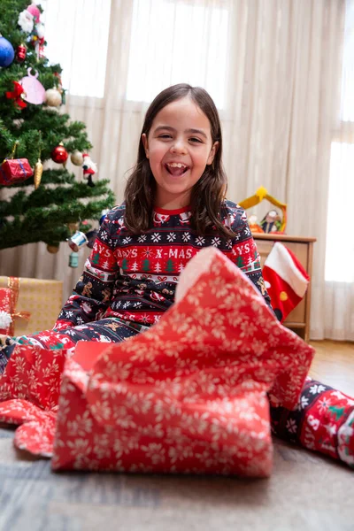 Smiling Little Caucasian Girl Enjoying Christmas Day Gifts Home — Stock Photo, Image
