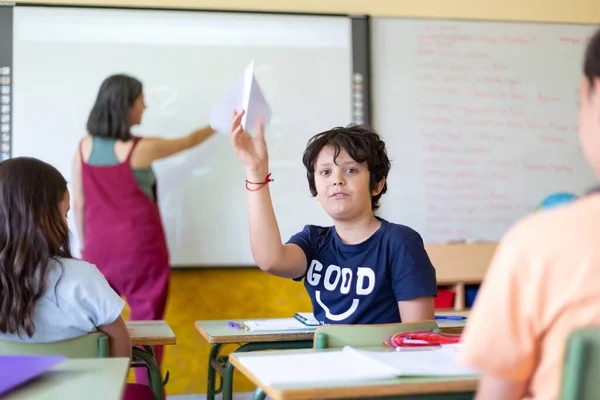 Caucasian Child Playing Class While Teacher Explaining Lesson Primary Education — Foto de Stock