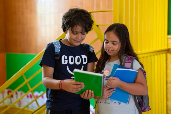 Dos Alumnos Caucásicos Primaria Hablan Amistosamente Pasillo Antes Entrar Aula — Foto de Stock