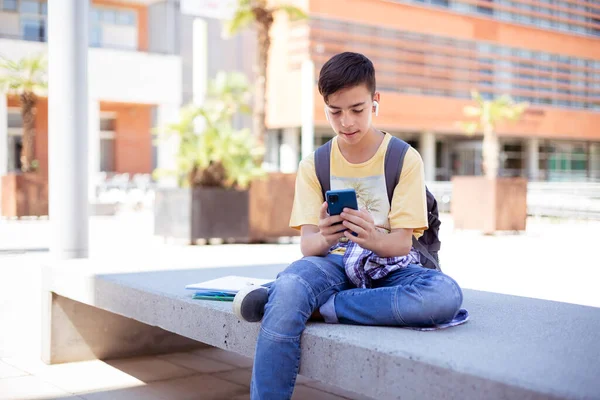 Caucasian Teenage Student Boy Using Smart Phone Outdoors Space Text — Foto de Stock