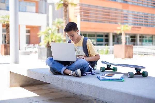 Caucasian Boy High School Student Using Laptop Computer Outdoors Space — Foto de Stock
