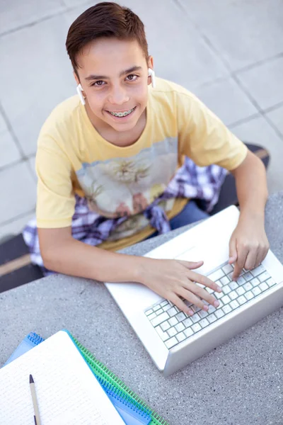 Top View Smiling Teenager Boy Using Laptop Computer High School — Foto de Stock
