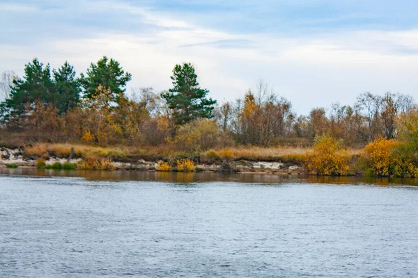 Alberi Gialli Verdi Sulla Ripida Riva Del Fiume Una Giornata — Foto Stock