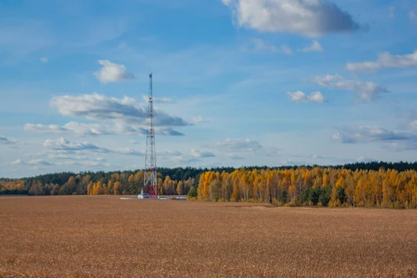 Uma Torre Televisão Num Campo Milho Bela Floresta Outono Paisagem — Fotografia de Stock