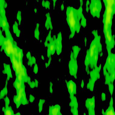 A green, mottled abstraction with texture. Spots of green paint on a black background.