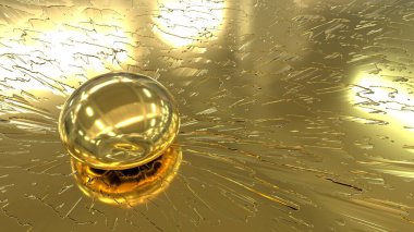 Şeffaf bir top ile altın soyutlama. Çatlaklı altın bir dokuya altın bir sıvı altın damlasının yakın çekimi. 3B resim.