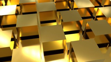 Golden texture with cubes. Geometric shapes form a beautiful golden background. Sun glare on gold.