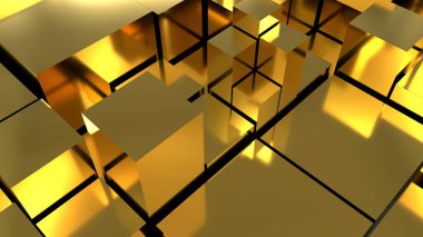 Golden texture of a futuristic city with cubes in close-up. Golden background with square elements. 3D image.