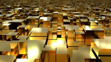 Golden texture of a futuristic city with cubes. Golden background with rectangular elements. 3D image.