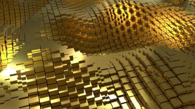 Golden texture with wavy cubes close-up. Futuristic gold background with square elements. 3D image.