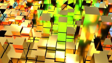 Texture with sharp golden elements and multicolored highlights. Multicolored background with broken gold. 3D image. A futuristic city.