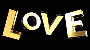 Aşk kelimesi, uzayda siyah bir arkaplanda altın fontla yazılmıştır. Uçan komik mektuplarla yazılmış aşk. İzole edilmiş 3B resim.