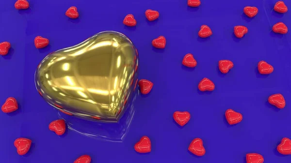 Zlaté Srdce Mnoho Malých Červených Srdcí Modrém Reflexním Povrchu Plastová — Stock fotografie