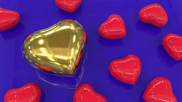 Cuori Rossi Brillanti Cuore Oro Una Superficie Blu Riflettente Sacco — Foto Stock