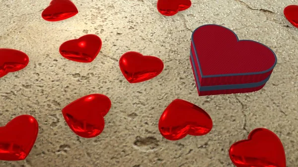 Красная Подарочная Коробка Форме Сердца Бетонном Полу Красные Сердца Ювелирного — стоковое фото