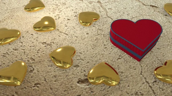 Czerwone Pudełko Kształcie Serca Betonowej Podłodze Złote Serca Pudełko Biżuterię — Zdjęcie stockowe