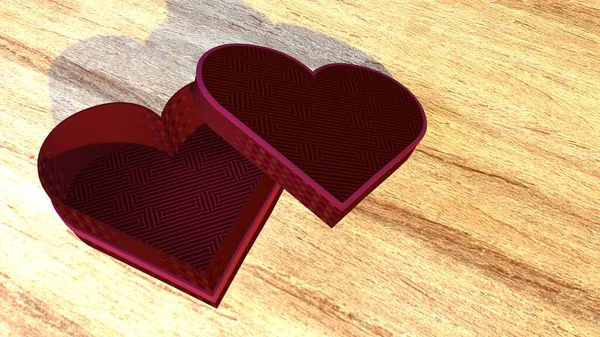 Uma Caixa Presente Vazia Forma Coração Vermelho Chão Madeira Durante — Fotografia de Stock
