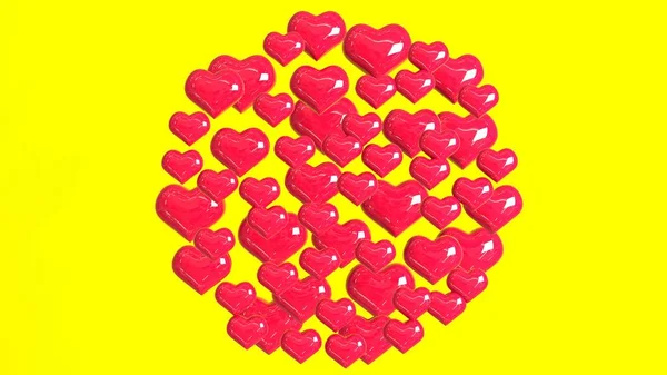 Поздравляю Днем Валентина Червоні Кулі Формі Сердець Жовтому Тлі Візуалізація — стокове фото