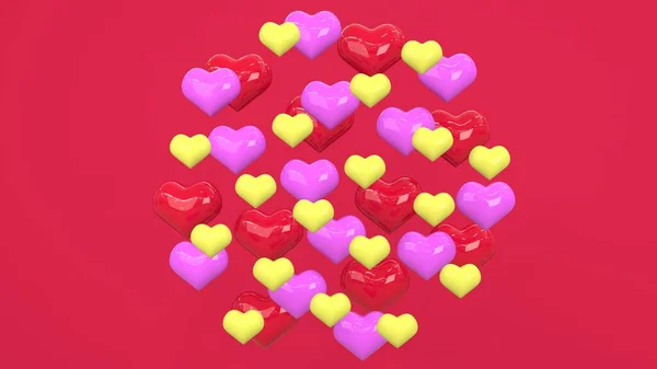 Congratulations Valentine Day Red Pink Yellow Hearts Red Background Rendering — Stock Photo, Image