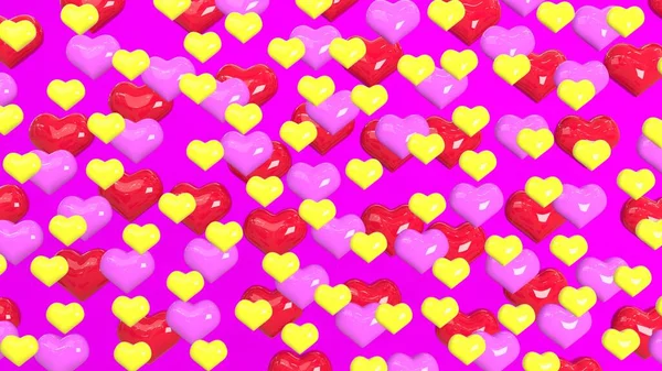 3D画像 カラフルな心を持つお祭りピンクの背景 ピンクの心の多く バレンタインデーのグリーティングカード 3Dレンダリング 3Dイラスト — ストック写真